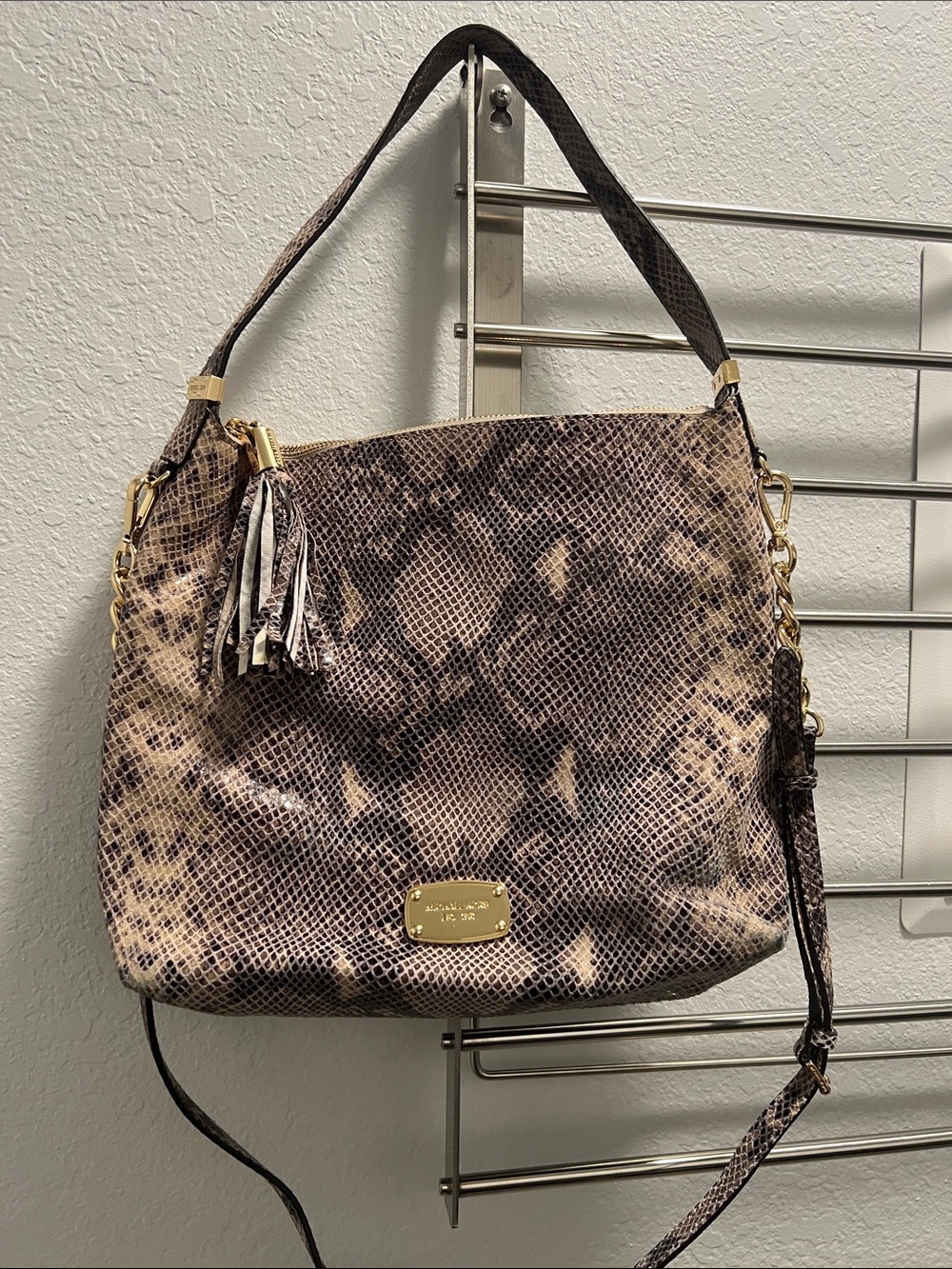 Michael Kors Brown Taupe Snake-Print Shoulder Bag with Tassel